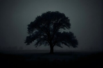 Obraz premium A dark tree stands alone in a foggy night.