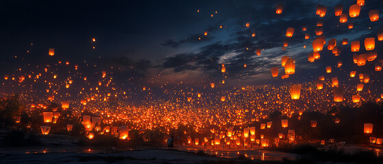 Sky lantern festival at dusk with glowing lanterns