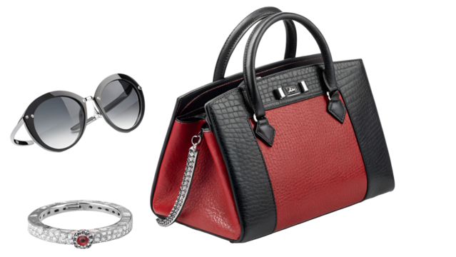 Red and black leather handbag with sunglasses and diamond ring isolated on a transparent background