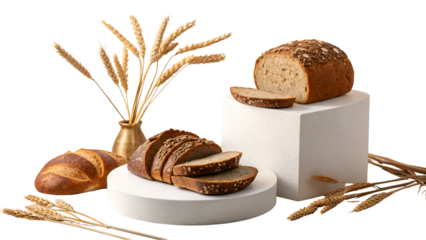 Rustic rye multigrain loaves with wheat stalks isolated on a transparent background bread