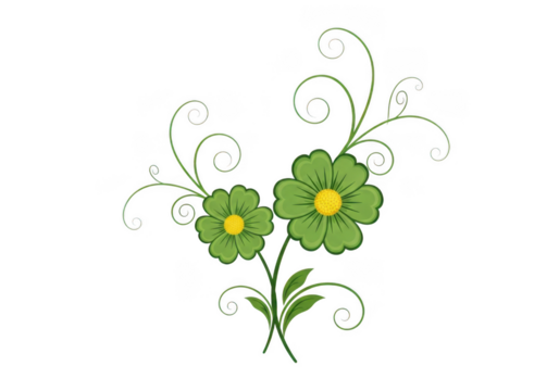 Delicate green flowers with golden swirls isolated on transparent background