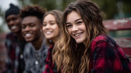 Fototapeta premium A group of diverse teens laughing together at a school bench long title A group of diverse teenagers enjoying a joyful moment of friendship and