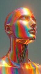 Vibrant Abstract Portrait of a Futuristic Mannequin with Multicolored Iridescent Surface Reflecting Light in a Contemporary Style