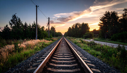 Obraz premium Train Tracks Leading to Sunset Landscape