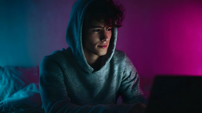 Focused teen coding on laptop in bedroom with LED lights