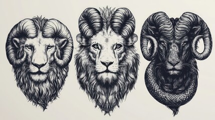 Three stylized animal heads, lion, ram, and a lion-ram hybrid, in intricate line art