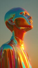 Vibrant Iridescent Futuristic Mannequin against a Tranquil Sunset Backdrop with Striking Colors and Glossy Metallic Reflective Finish