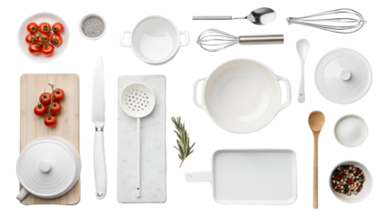 White kitchen utensils and ingredients arranged on black isolated on a transparent background