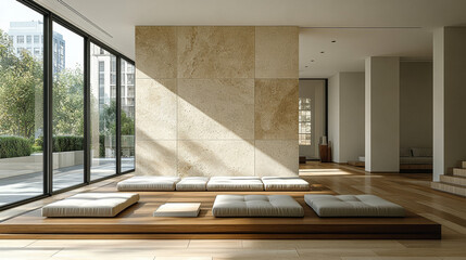 Modern interior design featuring minimalist seating area with large windows and natural light in a contemporary urban space