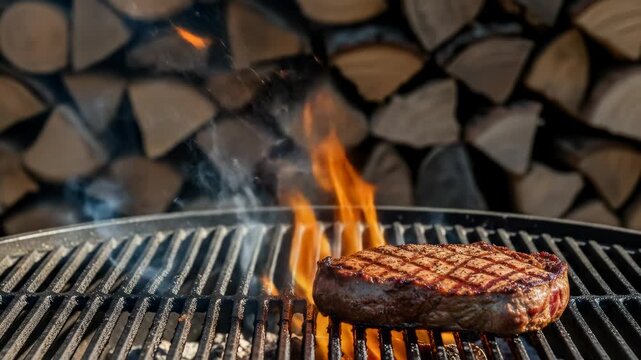 Grilled steak food with chef skill and cooking expertise on open flame barbecue grill outdoors, creating delicious smoky flavor and rustic atmosphere
