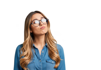 Young blonde woman with glasses and wavy hair wearing a blue denim shirt, pursing her lips and looking up, isolated on transparent background
