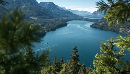 Serene alpine lake nestled amongst towering mountains, reflecting a peaceful day.