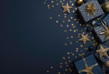 Christmas gifts and decorations on dark blue background with gold accents