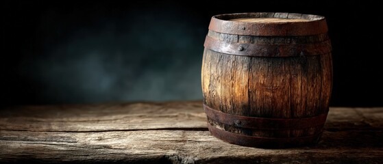 Naklejka premium Old oak barrel with rusty iron rings on a wooden table in a dark room, ideal for backgrounds related to wine, beer or spirits