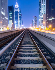 Fototapeta premium Train Tracks at Night in a Modern City