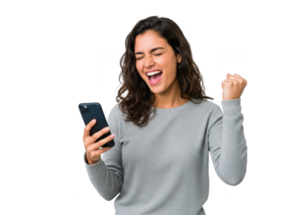 Excited young woman celebrating success while looking at her smartphone, isolated on transparent background