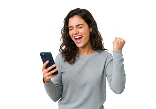 Excited young woman celebrating success while looking at her smartphone, isolated on transparent background