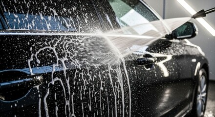 Black car being pressure washed with suds
