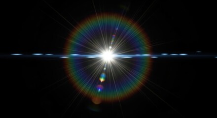 Bright light bursts, colorful halo, dark background