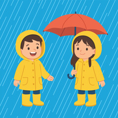children with umbrella playing under the rain