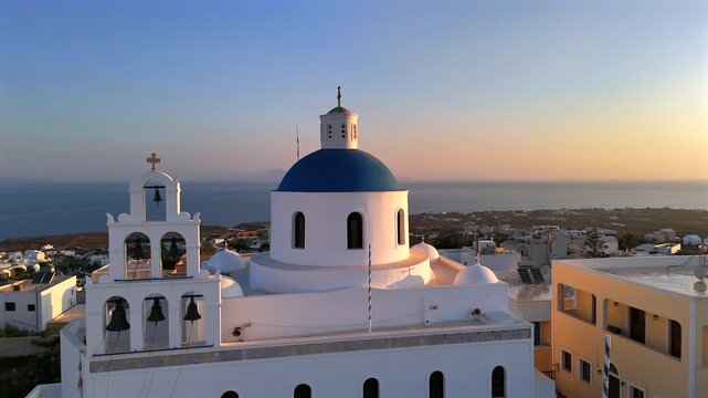Aerial shots beautifully capture a stunning Greek church featuring a striking blue dome at sunset, making it an ideal location for travel photography and indepth cultural exploration of Greece