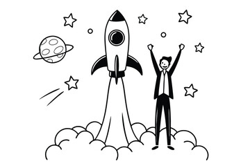 Flat illustration of a rocket launching with a bright blast off and clouds