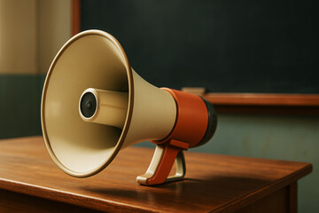 Orange and cream megaphone on wooden desk with chalkboard background bullhorn announcement