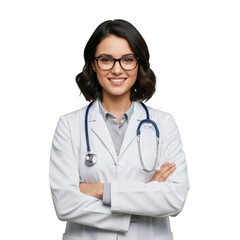 Fototapeta premium A smiling female doctor wearing glasses and a white coat with a stethoscope around her neck, arms crossed, isolated on transparent background