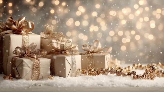 Golden christmas gifts with shiny ribbons sit in the snow while golden lights sparkle in the distance.