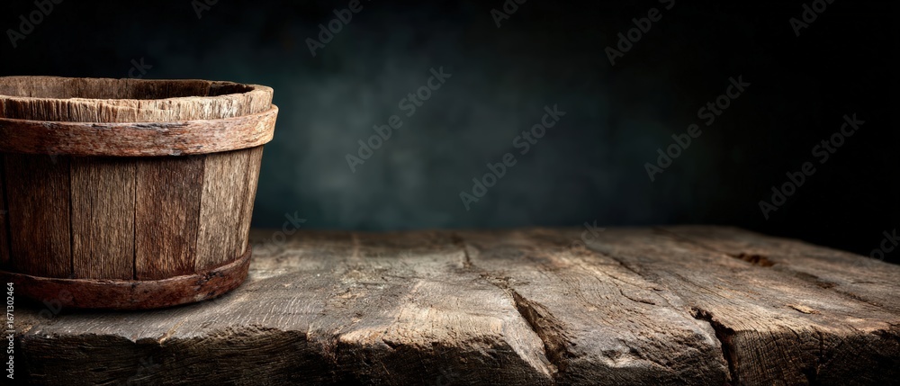 Poster empty wooden bucket placed on a textured wooden table against a dark background, creating a rustic a