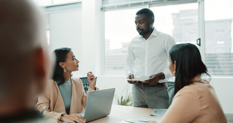 Presentation, feedback and man in meeting, team and documents for budget report. People, financial agency and employees in office, discussion and proposal for profit growth, cooperation and planning