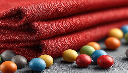 Red Fabric with Colorful Spheres