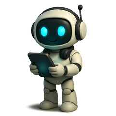 3D cartoon robot standing and holding a tablet device with glowing screen