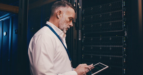 Programmer, technician and tablet with man in server room for hosting database, inspection and...
