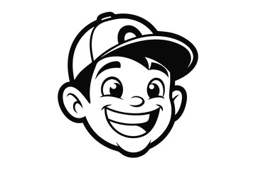 Obraz premium Black and White Cartoon Boy Face Illustration Wearing a Baseball Cap Smiling