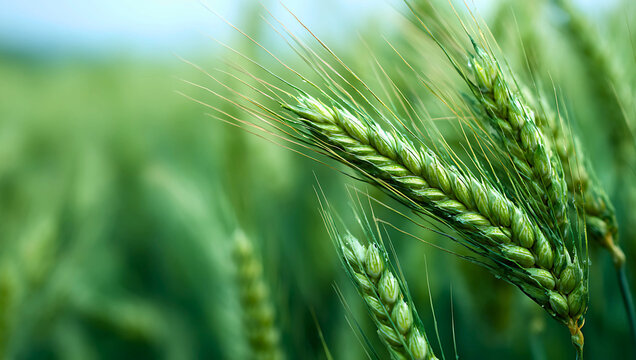 Close up of vibrant green wheat stalks swaying gently in a sunlit field with a soft bokeh background