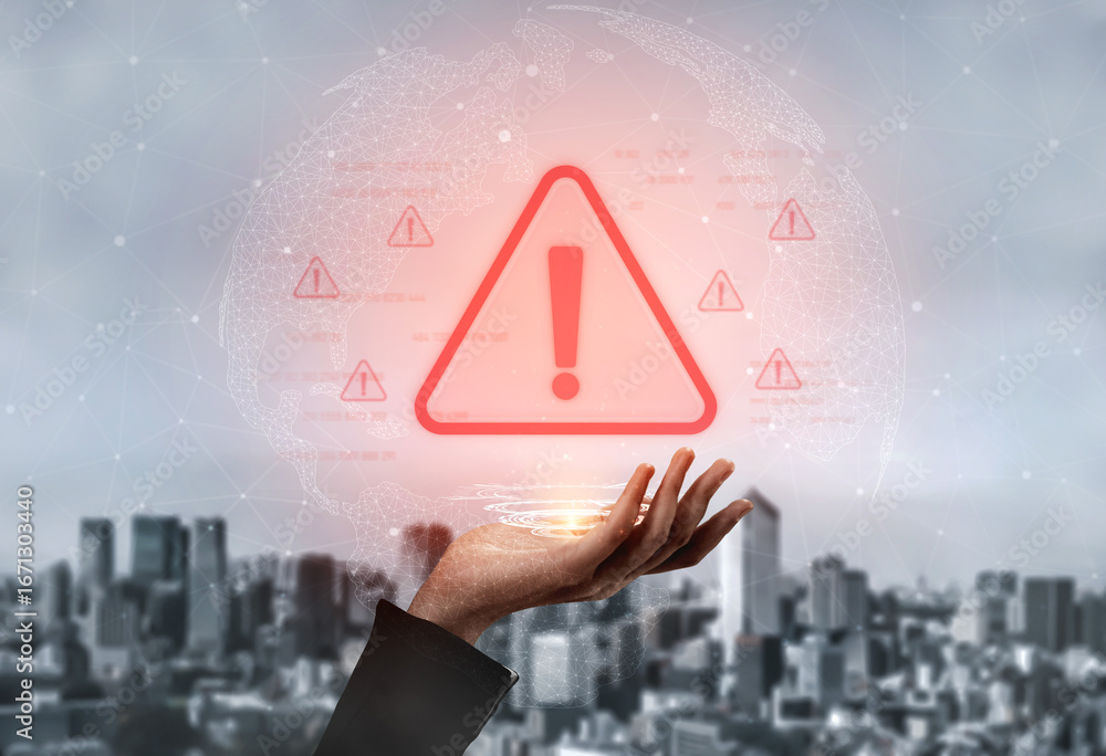 Poster cybersecurity alert warning showing red cyber for data breach, network threat, and cyber security sy