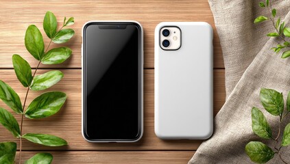 Two Phones on Wood with Green Leaves