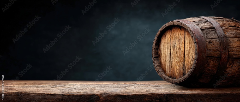 Poster old wooden barrel resting on a table against a dark background, creating a rustic and traditional at