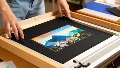 Fototapeta premium Close-Up of a Person Screen Printing a Retro Mountain Design on a T-Shirt