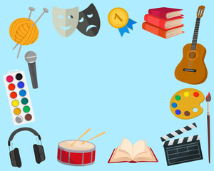 School art activity or hobby elements background Music painting theatre knitting reading