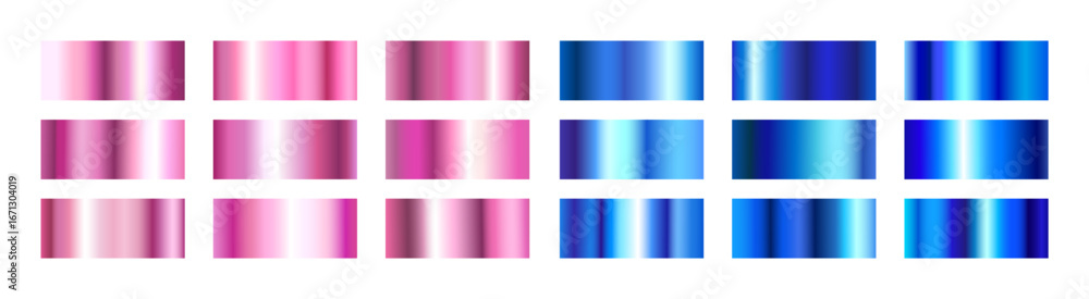 Poster hologram gradient set with metal frame textures for modern design elements. pink and blue iridescent