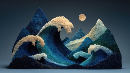 Ocean Waves and Mountains Under Moon