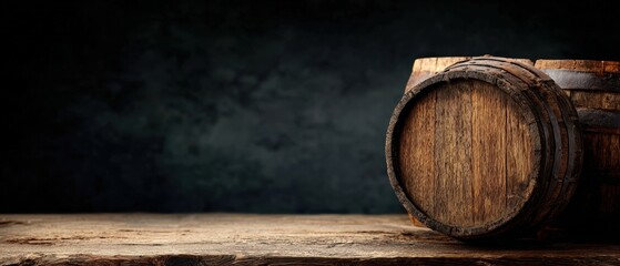 Background image of old wooden barrels resting on a table in a dark cellar, ideal for promoting alcoholic beverages