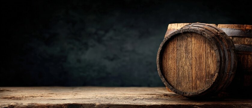 Background image of old wooden barrels resting on a table in a dark cellar, ideal for promoting alcoholic beverages