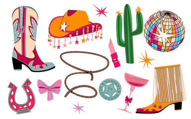 Disco cowgirl party elements with western boots and hat, cactus and dance floor accessories. Retro horseshoe and lipstick, fringe boot, and mirror ball for vibrant festival decorations with stars.