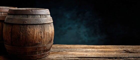 Naklejka premium Old oak barrels standing on a wooden table against a dark background, creating a rustic and traditional atmosphere