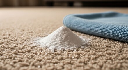 Cleaning powder on beige carpet, beside a cloth