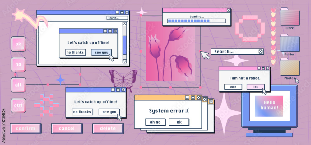 Aufkleber retro internet desktop with y2k popup windows, error messages and nostalgic computer interface for v