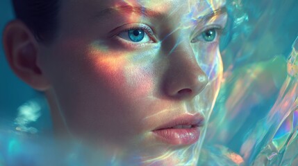 Mesmerizing Portrait of a Woman with Ethereal Rainbow Light Reflections Casting Enchanted Prismatic Glow on Serene Facerainbow light